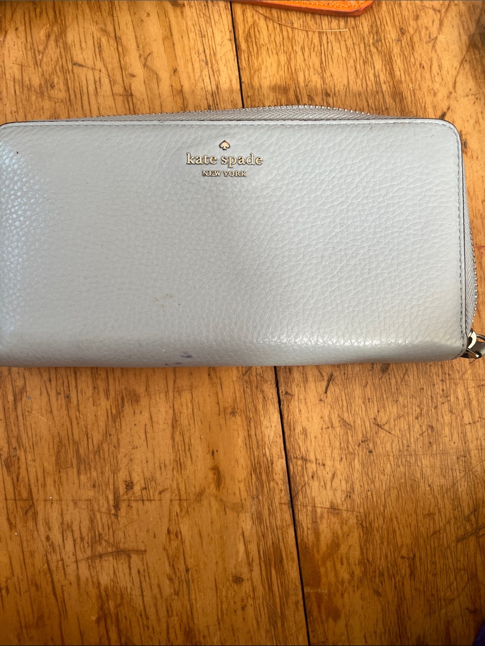 kate spade Light Blue Pebbled Zip Wallet with Gold Logo